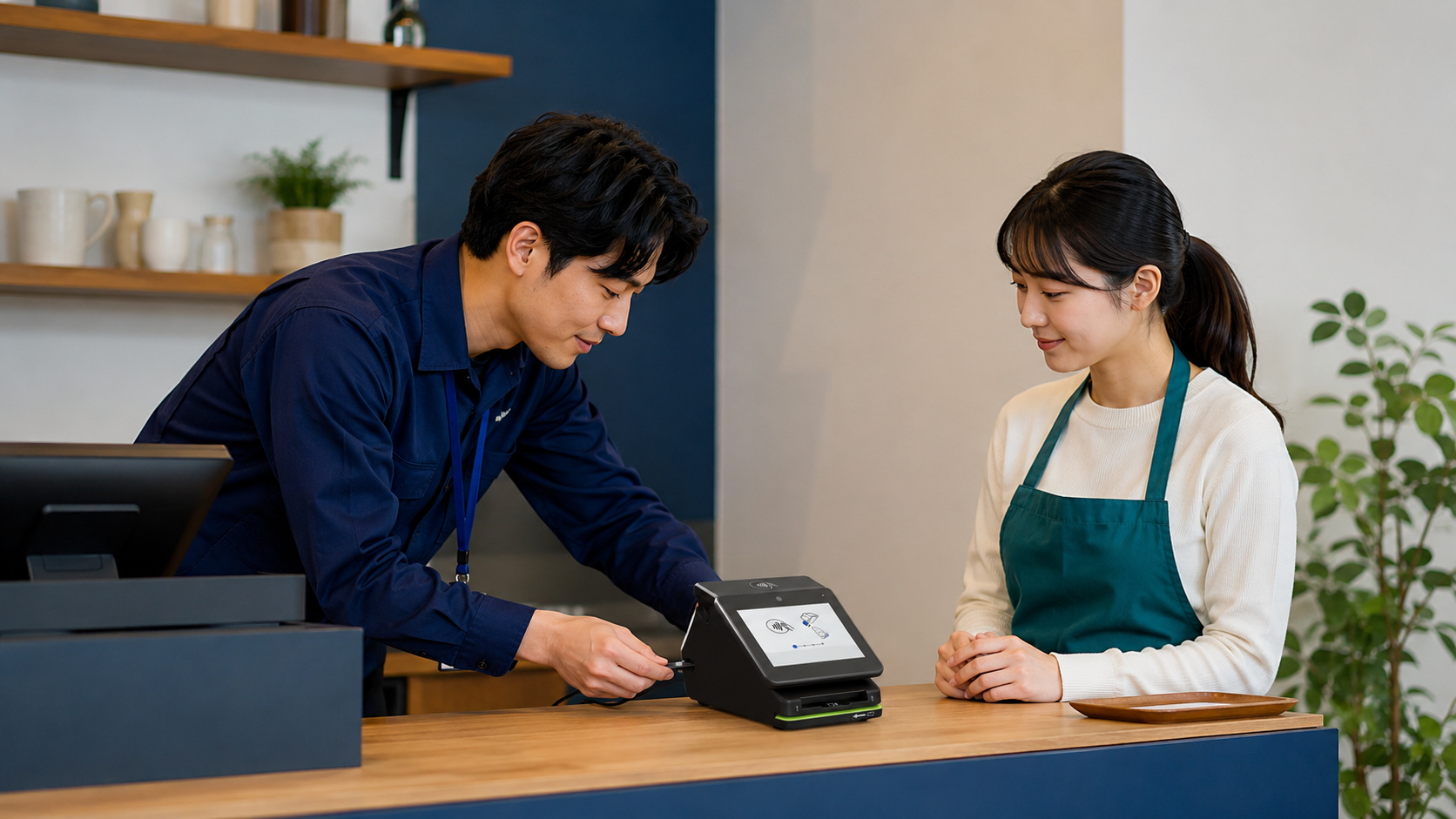 店舗で決済端末の設置をサポートするスタッフ